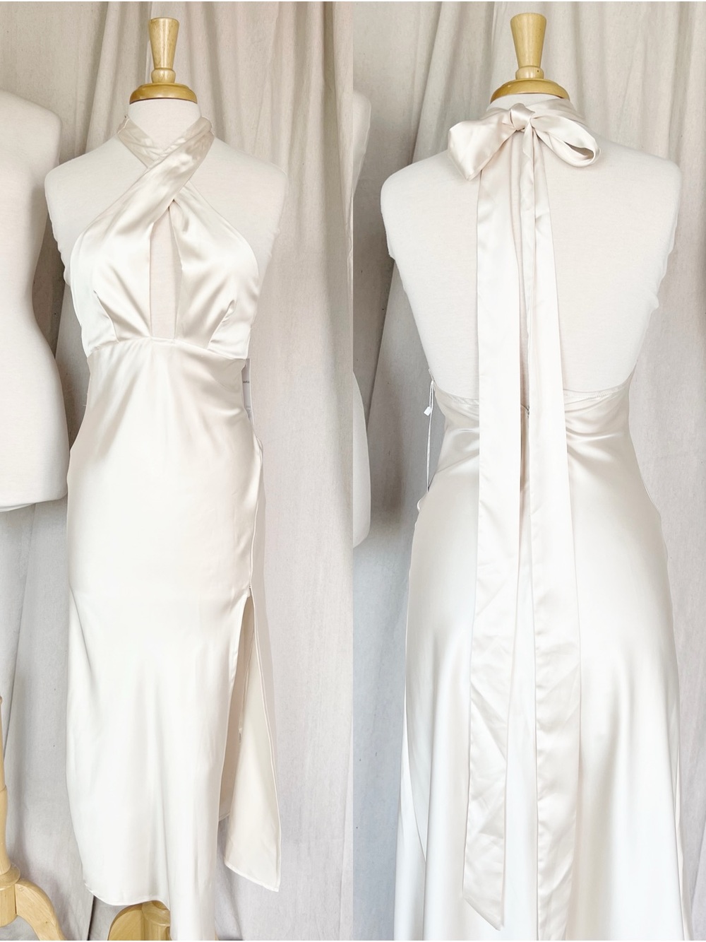 Elegant Cream Satin Halter Midi Dress